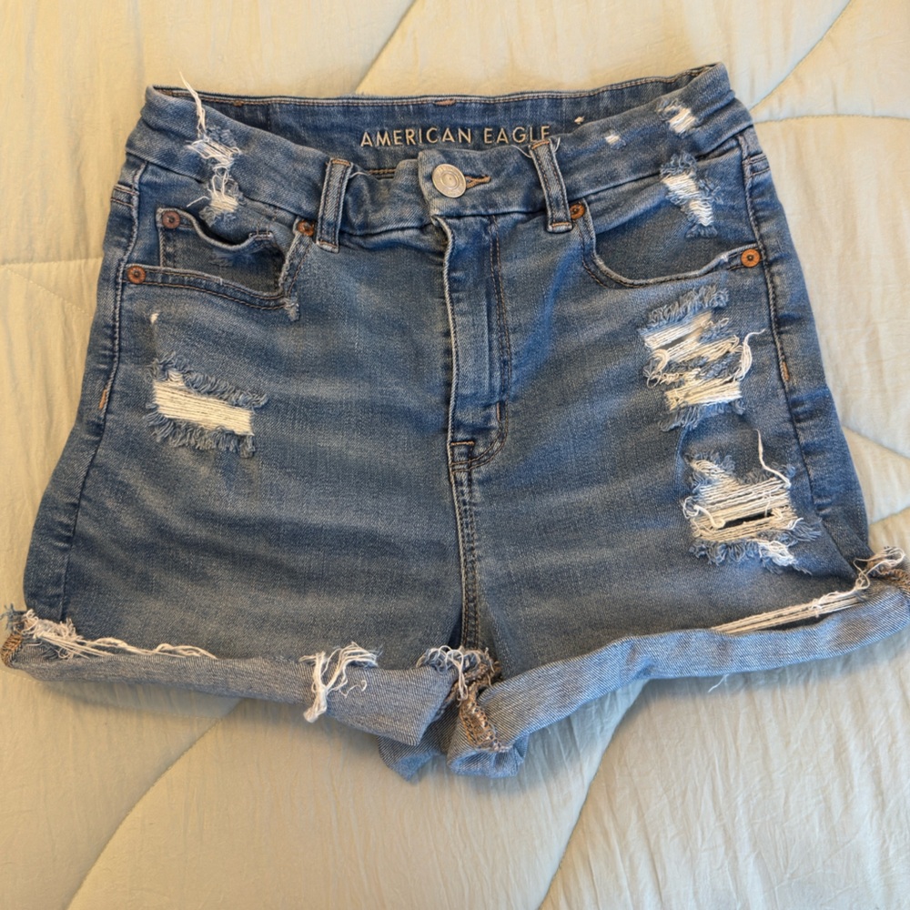 American Eagle Outfitters Distressed Denim Curvy Hi-Rise Shortie Shorts
